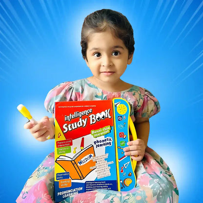 Child holding an 'intelligence Study Book' against a blue background